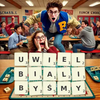 Kreatywna ilustracja do gry w Scrabble ze słowem UWIELBIALIBYŚMY ułożonym z płytek na planszy.