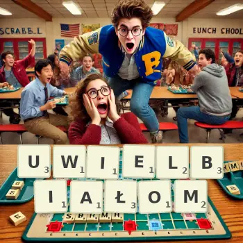 Kreatywna ilustracja do gry w Scrabble ze słowem UWIELBIAŁOM ułożonym z płytek na planszy.