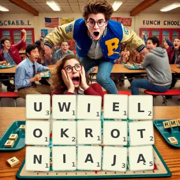 Kreatywna ilustracja do gry w Scrabble ze słowem UWIELOKROTNIAJĄ ułożonym z płytek na planszy.