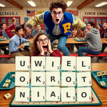 Kreatywna ilustracja do gry w Scrabble ze słowem UWIELOKROTNIALO ułożonym z płytek na planszy.