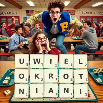 Kreatywna ilustracja do gry w Scrabble ze słowem UWIELOKROTNIANI ułożonym z płytek na planszy.