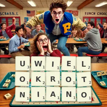 Kreatywna ilustracja do gry w Scrabble ze słowem UWIELOKROTNIANO ułożonym z płytek na planszy.