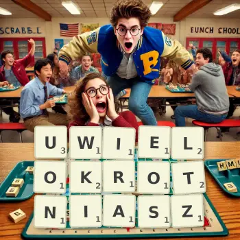 Kreatywna ilustracja do gry w Scrabble ze słowem UWIELOKROTNIASZ ułożonym z płytek na planszy.