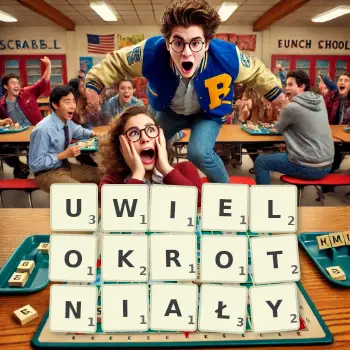 Kreatywna ilustracja do gry w Scrabble ze słowem UWIELOKROTNIAŁY ułożonym z płytek na planszy.