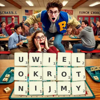 Kreatywna ilustracja do gry w Scrabble ze słowem UWIELOKROTNIJMY ułożonym z płytek na planszy.