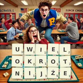 Kreatywna ilustracja do gry w Scrabble ze słowem UWIELOKROTNIJŻE ułożonym z płytek na planszy.