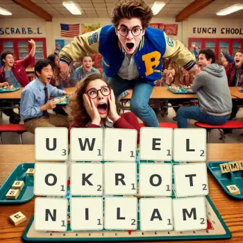 Kreatywna ilustracja do gry w Scrabble ze słowem UWIELOKROTNILAM ułożonym z płytek na planszy.