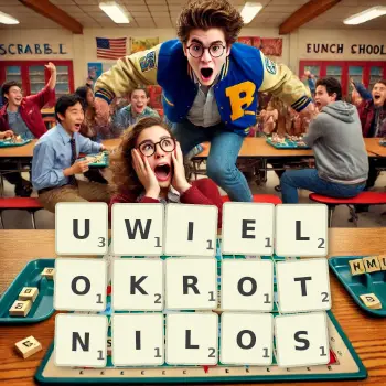 Kreatywna ilustracja do gry w Scrabble ze słowem UWIELOKROTNILOS ułożonym z płytek na planszy.