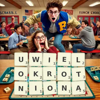 Kreatywna ilustracja do gry w Scrabble ze słowem UWIELOKROTNIONĄ ułożonym z płytek na planszy.