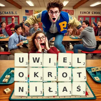 Kreatywna ilustracja do gry w Scrabble ze słowem UWIELOKROTNIŁAŚ ułożonym z płytek na planszy.