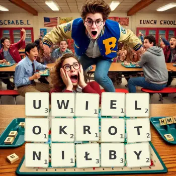 Kreatywna ilustracja do gry w Scrabble ze słowem UWIELOKROTNIŁBY ułożonym z płytek na planszy.