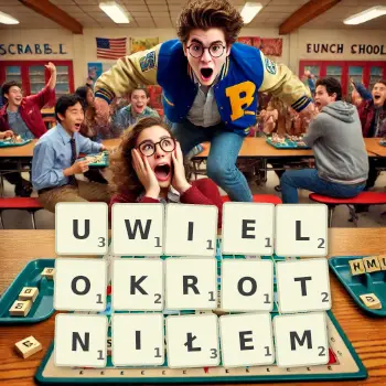 Kreatywna ilustracja do gry w Scrabble ze słowem UWIELOKROTNIŁEM ułożonym z płytek na planszy.