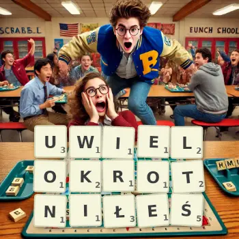 Kreatywna ilustracja do gry w Scrabble ze słowem UWIELOKROTNIŁEŚ ułożonym z płytek na planszy.