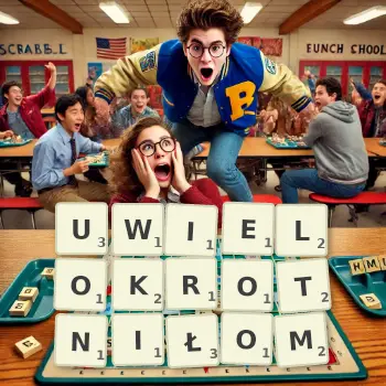 Kreatywna ilustracja do gry w Scrabble ze słowem UWIELOKROTNIŁOM ułożonym z płytek na planszy.