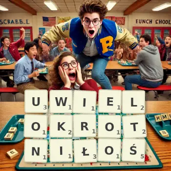 Kreatywna ilustracja do gry w Scrabble ze słowem UWIELOKROTNIŁOŚ ułożonym z płytek na planszy.