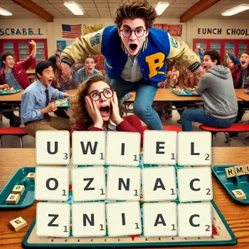 Kreatywna ilustracja do gry w Scrabble ze słowem UWIELOZNACZNIAC ułożonym z płytek na planszy.