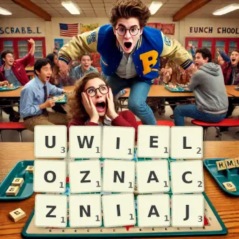 Kreatywna ilustracja do gry w Scrabble ze słowem UWIELOZNACZNIAJ ułożonym z płytek na planszy.