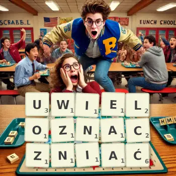 Kreatywna ilustracja do gry w Scrabble ze słowem UWIELOZNACZNIAĆ ułożonym z płytek na planszy.