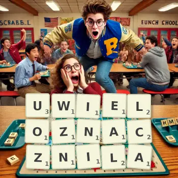 Kreatywna ilustracja do gry w Scrabble ze słowem UWIELOZNACZNILA ułożonym z płytek na planszy.