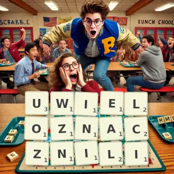 Kreatywna ilustracja do gry w Scrabble ze słowem UWIELOZNACZNILI ułożonym z płytek na planszy.