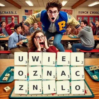 Kreatywna ilustracja do gry w Scrabble ze słowem UWIELOZNACZNILO ułożonym z płytek na planszy.