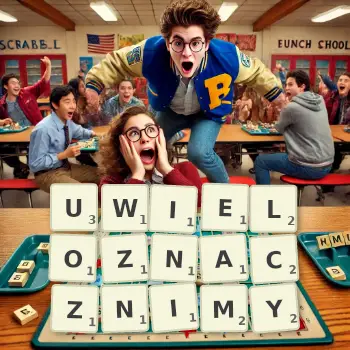 Kreatywna ilustracja do gry w Scrabble ze słowem UWIELOZNACZNIMY ułożonym z płytek na planszy.