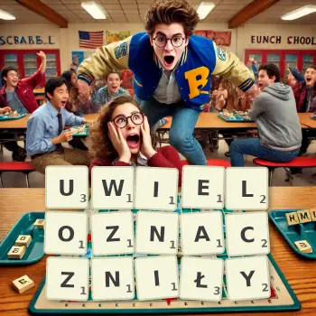 Kreatywna ilustracja do gry w Scrabble ze słowem UWIELOZNACZNIŁY ułożonym z płytek na planszy.