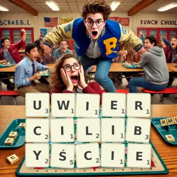 Kreatywna ilustracja do gry w Scrabble ze słowem UWIERCILIBYŚCIE ułożonym z płytek na planszy.