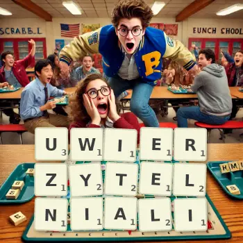 Kreatywna ilustracja do gry w Scrabble ze słowem UWIERZYTELNIALI ułożonym z płytek na planszy.