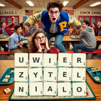 Kreatywna ilustracja do gry w Scrabble ze słowem UWIERZYTELNIALO ułożonym z płytek na planszy.