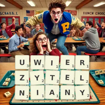 Kreatywna ilustracja do gry w Scrabble ze słowem UWIERZYTELNIANY ułożonym z płytek na planszy.