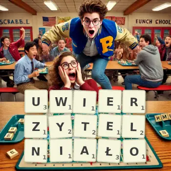 Kreatywna ilustracja do gry w Scrabble ze słowem UWIERZYTELNIAŁO ułożonym z płytek na planszy.