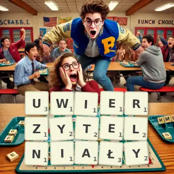 Kreatywna ilustracja do gry w Scrabble ze słowem UWIERZYTELNIAŁY ułożonym z płytek na planszy.