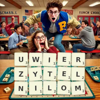 Kreatywna ilustracja do gry w Scrabble ze słowem UWIERZYTELNILOM ułożonym z płytek na planszy.