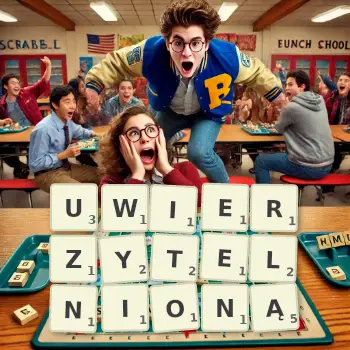 Kreatywna ilustracja do gry w Scrabble ze słowem UWIERZYTELNIONĄ ułożonym z płytek na planszy.