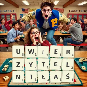 Kreatywna ilustracja do gry w Scrabble ze słowem UWIERZYTELNIŁAŚ ułożonym z płytek na planszy.