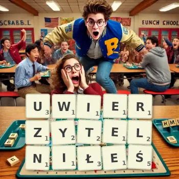 Kreatywna ilustracja do gry w Scrabble ze słowem UWIERZYTELNIŁEŚ ułożonym z płytek na planszy.