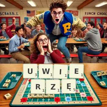 Kreatywna ilustracja do gry w Scrabble ze słowem UWIERZĘ ułożonym z płytek na planszy.