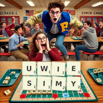 Kreatywna ilustracja do gry w Scrabble ze słowem UWIESIMY ułożonym z płytek na planszy.