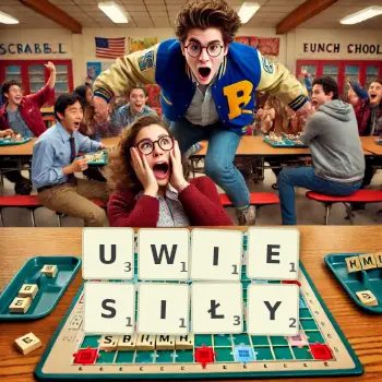 Kreatywna ilustracja do gry w Scrabble ze słowem UWIESIŁY ułożonym z płytek na planszy.
