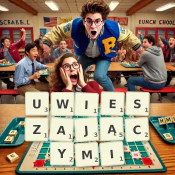 Kreatywna ilustracja do gry w Scrabble ze słowem UWIESZAJĄCYMI ułożonym z płytek na planszy.