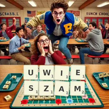 Kreatywna ilustracja do gry w Scrabble ze słowem UWIESZAM ułożonym z płytek na planszy.