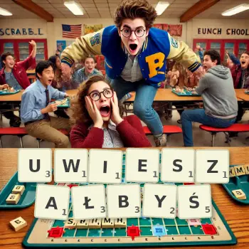 Kreatywna ilustracja do gry w Scrabble ze słowem UWIESZAŁBYŚ ułożonym z płytek na planszy.