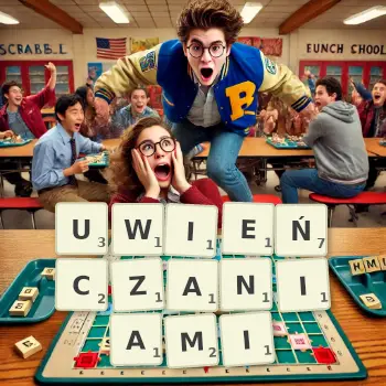 Kreatywna ilustracja do gry w Scrabble ze słowem UWIEŃCZANIAMI ułożonym z płytek na planszy.