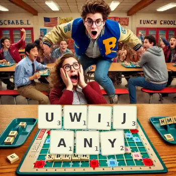 Kreatywna ilustracja do gry w Scrabble ze słowem UWIJANY ułożonym z płytek na planszy.