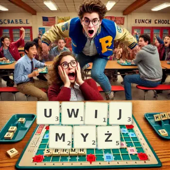 Kreatywna ilustracja do gry w Scrabble ze słowem UWIJMYŻ ułożonym z płytek na planszy.