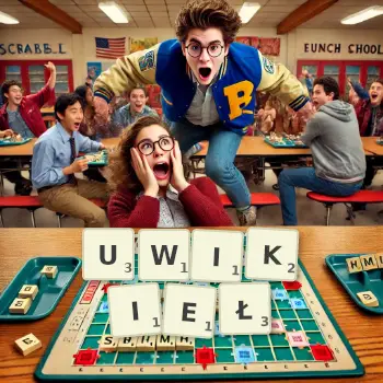 Kreatywna ilustracja do gry w Scrabble ze słowem UWIKIEŁ ułożonym z płytek na planszy.