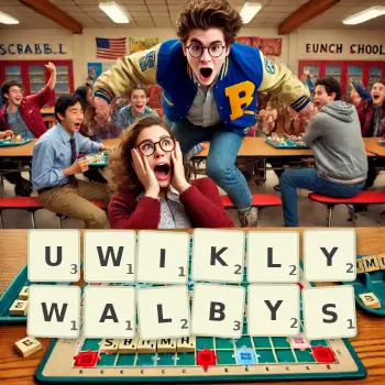 Kreatywna ilustracja do gry w Scrabble ze słowem UWIKLYWALBYS ułożonym z płytek na planszy.