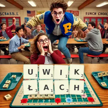 Kreatywna ilustracja do gry w Scrabble ze słowem UWIKŁACH ułożonym z płytek na planszy.