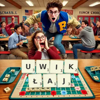 Kreatywna ilustracja do gry w Scrabble ze słowem UWIKŁAJ ułożonym z płytek na planszy.